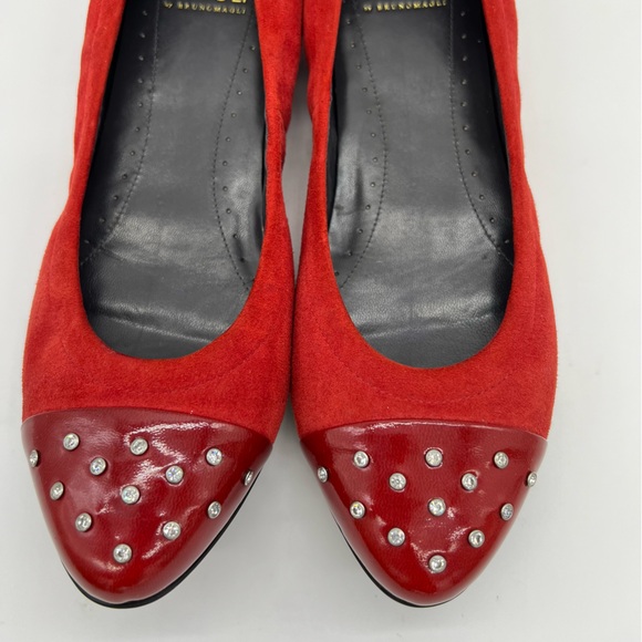 MAGLI by Bruno Magli Elegant Red Suede Patent Leather with Studded Cap Toe Flats - Picture 6 of 15